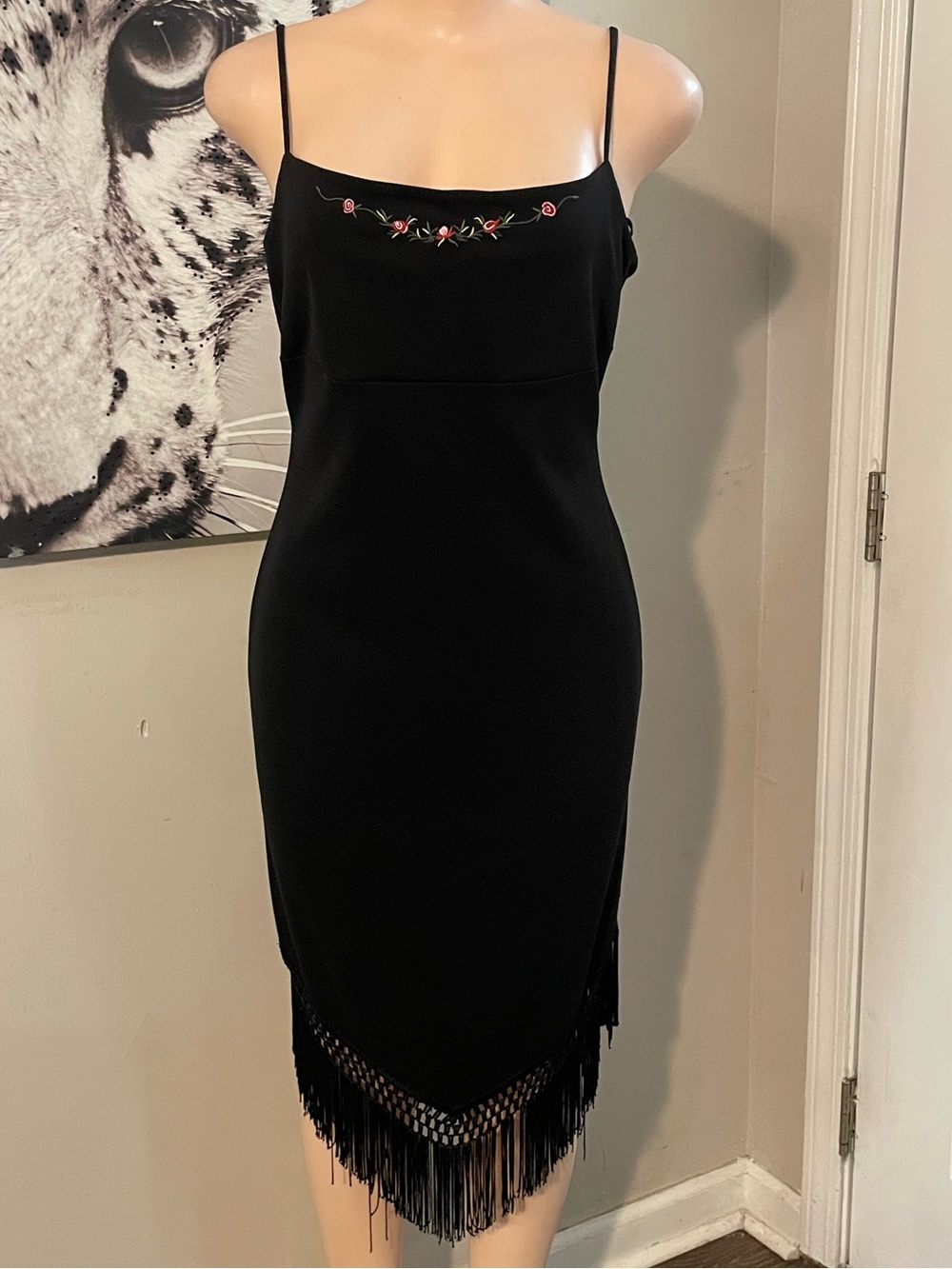 Vintage 90s black slip dress floral emb  chevron macrame fringe hem flapper L